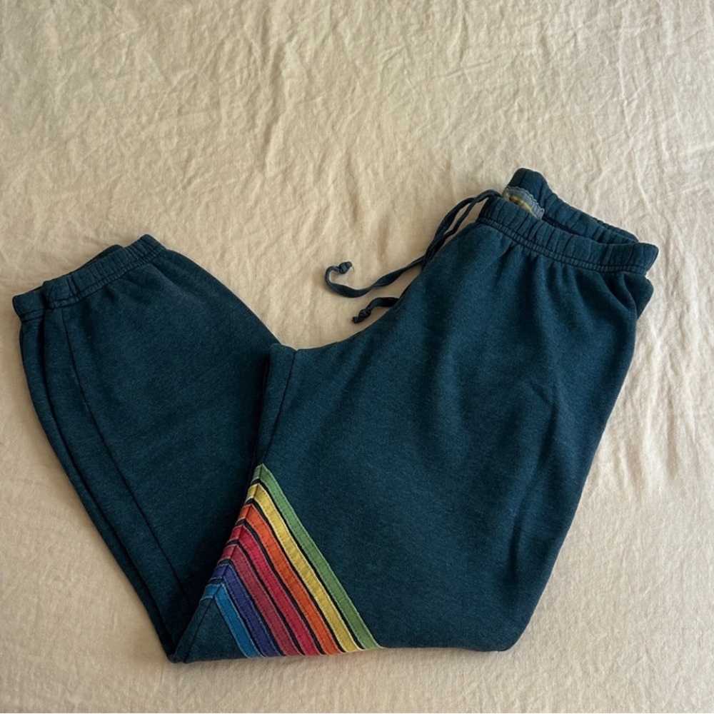 Aviator Nation Gray Blue Joggers with Rainbow Stripes